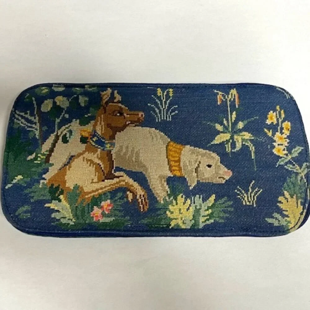 VTG Needlepoint Blue Animals Floral Eyeglasses Soft Case Silk Cotton 6.5